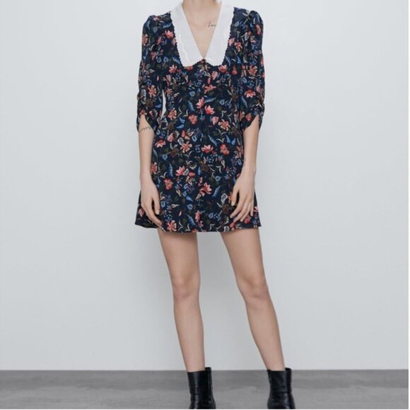 Zara Embroidered Collar Print Dress Size M NEW WITH TAG! - Picture 2 of 4